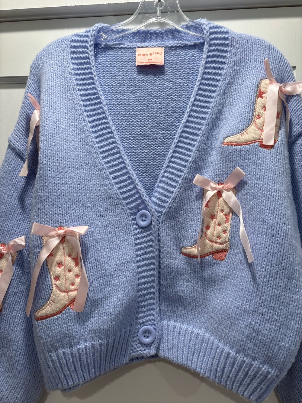 Mure + Grand Cowgirl For Life Puff Blue Cardigan Cowgirl Boots Ribbon Size S/M